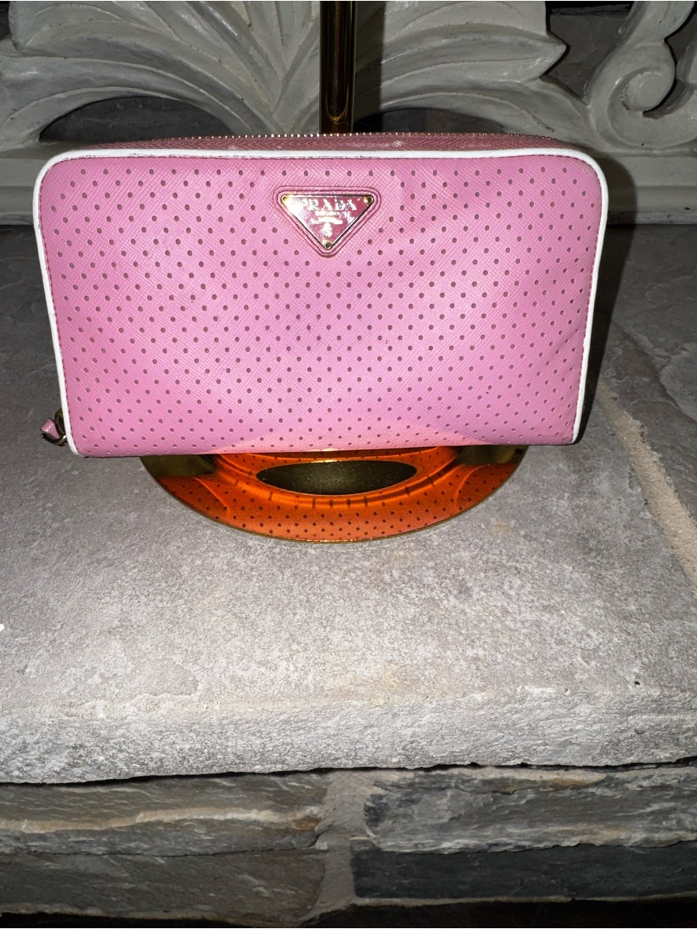 Prada Pink Perforated Zip-Around Wallet with White Trim